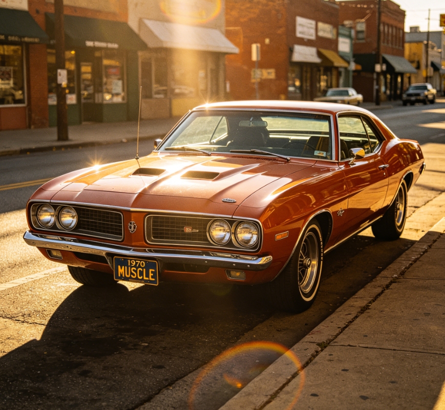 1970s car advertisement photo, Kodak Chrome film, rich saturated colors, lens flare, vintage muscle car, centered composition