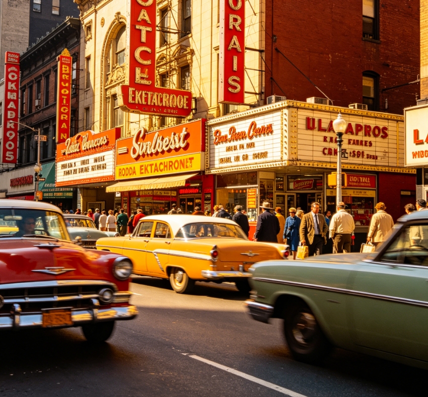 1970s city street shot, Kodak Ektachrome film, saturated warm tones, film grain, vintage cars and store signs, centered view