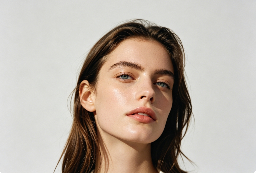 4:3 ratio, high-definition daily portrait of a young European woman, head centered and slightly lower, shot in natural light, solid light gray background, original clean image quality, natural facial features, long brown hair, clear and dewy skin
