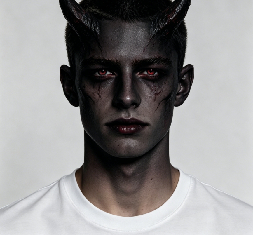 Male demon portrait filter, dark cracked skin, glowing red eyes, large black horns