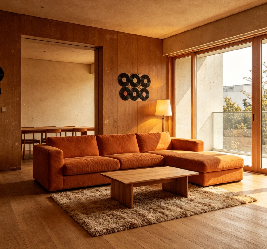 1970s vintage living room filter effect, warm brown tones, grainy texture, faded colors, orange sofa, wool rug, lamp and vinyl records added, warm yellow lighting, nostalgic home vibe