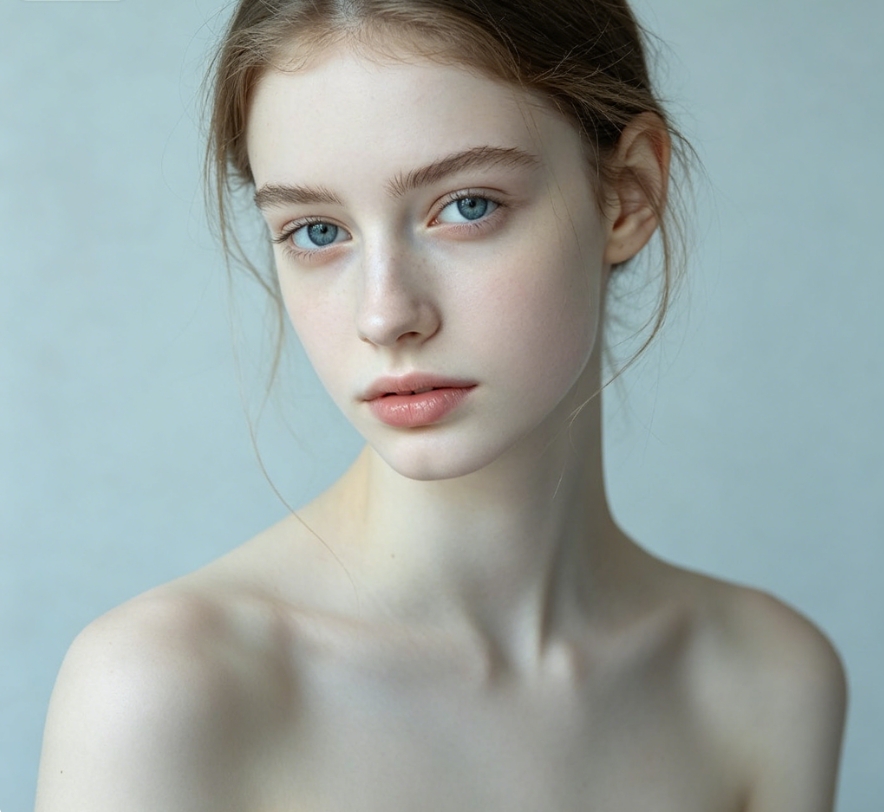 Cold temperament European American girl, plain makeup, solid color background, soft natural light half body portrait