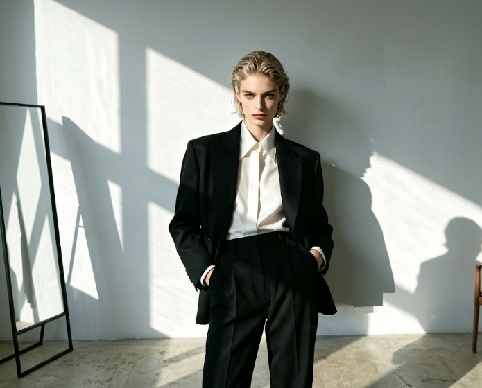 A confident model with a sharp, short hairstyle, wearing a tailored black blazer and matching trousers over a crisp white shirt, standing with hands in pockets against a minimalist indoor background with dramatic light and shadow patterns.