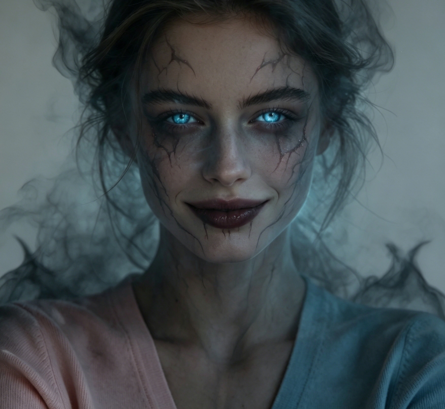 Demon filter portrait, glowing ice blue eyes, dark cracked patterns on skin, swirling black mist around