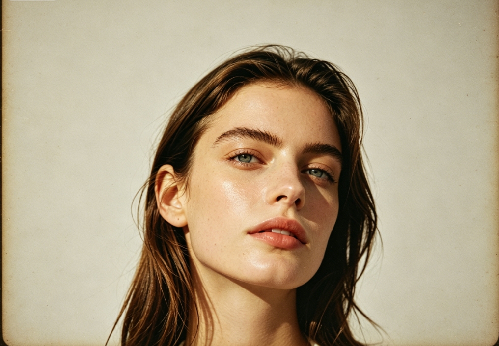 4:3 ratio, portrait of the same European woman, applied 1970s American retro film filter, warm yellow nostalgic tone, low-saturation faded texture, with film grain and vignetting effect, retro atmosphere