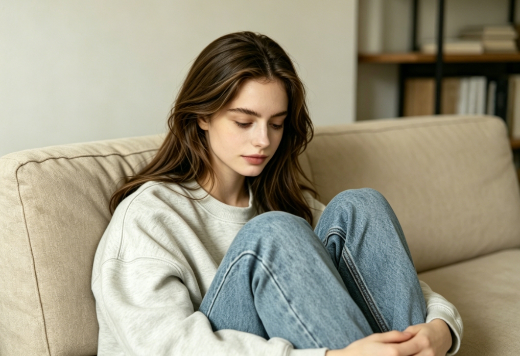 4:3 ratio, young European woman at home portrait, medium-length dark brown hair, wearing light gray sweatshirt and blue jeans, sitting on beige sofa, head down posture, natural soft indoor lighting, original clean image quality