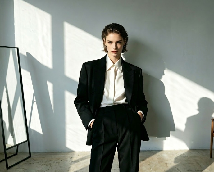A professional fashion portrait of a model in a sleek black suit and white shirt, capturing a sophisticated office-style aesthetic. The background features artistic lighting, shadows, and a floor-length mirror on the left, reflecting a clean, high-fashion studio atmosphere.