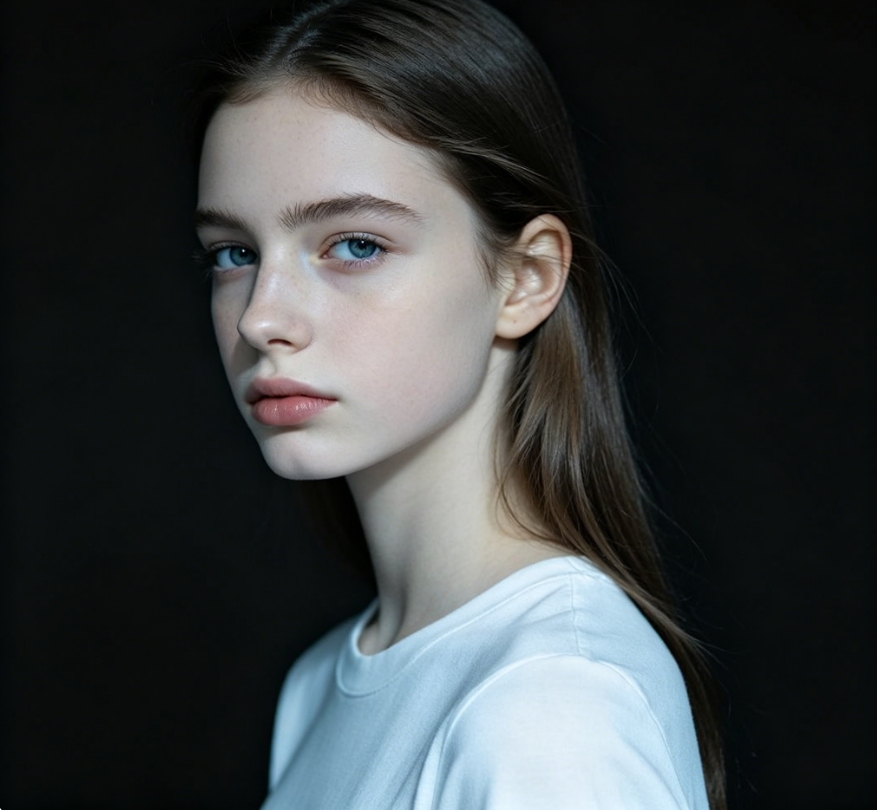 Original portrait of cool European and American girl, minimalist solid black background, emotional moody portrait