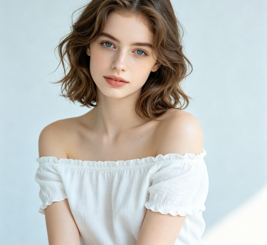 Original portrait of girl with shoulder-revealing clothes, natural arm lines, fresh natural light
