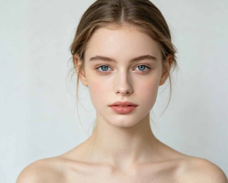 A delicate, natural portrait of a young woman facing forward with clear blue eyes, soft brown hair, and minimal, dewy makeup. Her hands are gently clasped near her collarbone against a clean, light gray background.