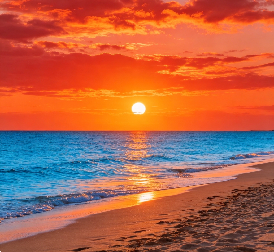 Original photo of modern beach sunset, vibrant colors, clear sand and sea