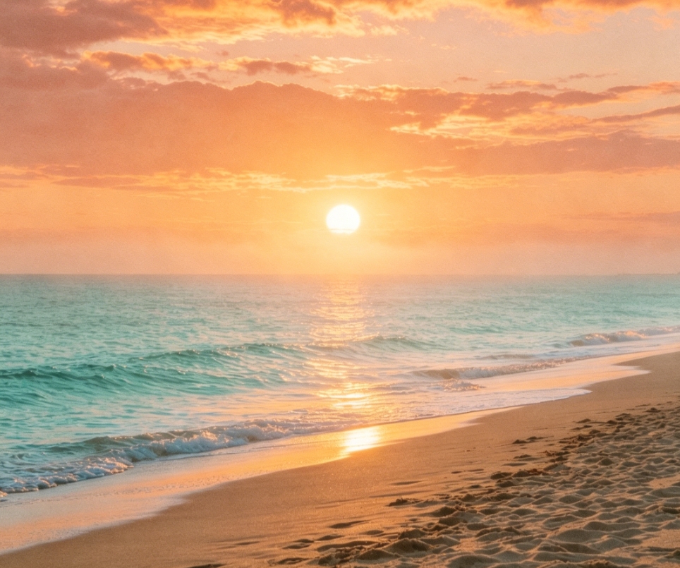 1970s Fujifilm Velvia film filter effect on beach sunset, warm orange tones, faded teal water, grainy and hazy texture