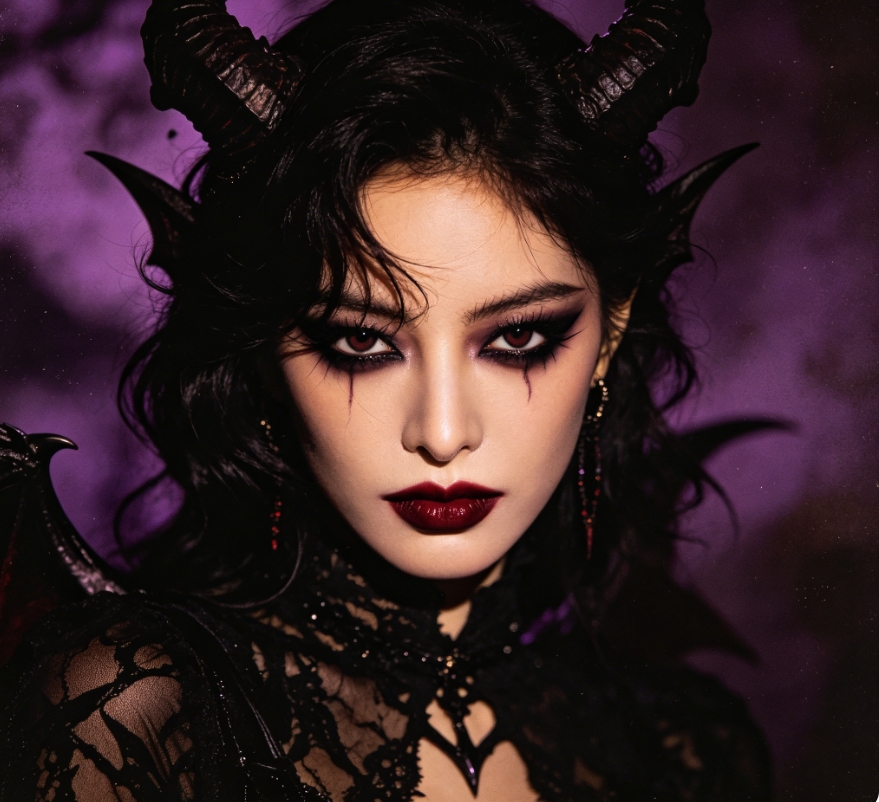 Gothic succubus demon filter, black horns, dark smoky makeup, purple mist background