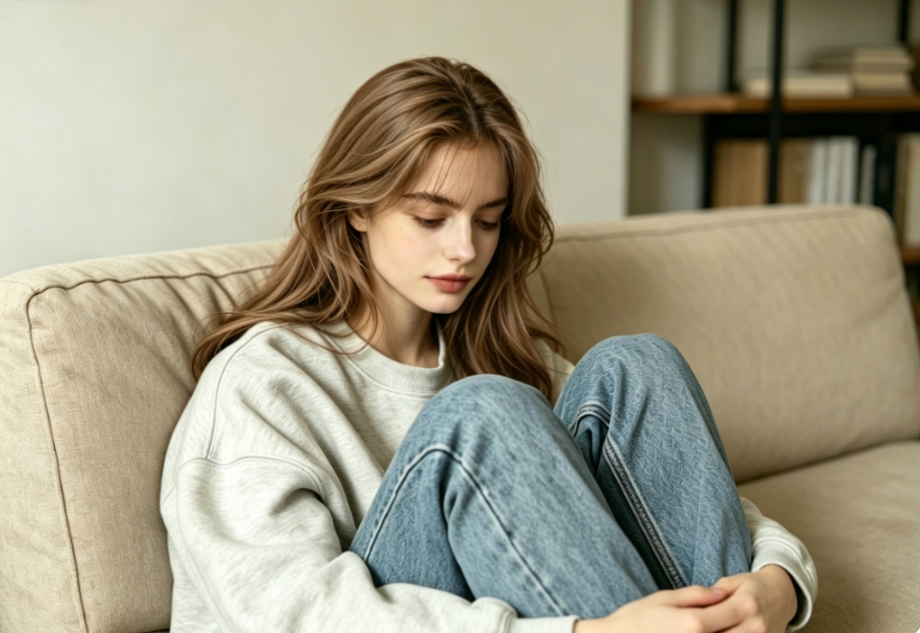 4:3 ratio, young European woman at home portrait, gentle French wavy long hair, light brown milk tea hair color, fluffy atmosphere, wearing light gray sweatshirt and blue jeans, sitting on beige sofa, natural soft indoor lighting, original facial features and makeup preserved