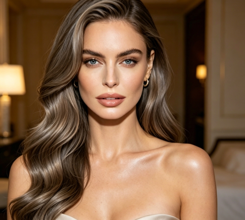 Elegant woman with side-parted wavy long hair, wearing strapless dress, warm indoor lighting