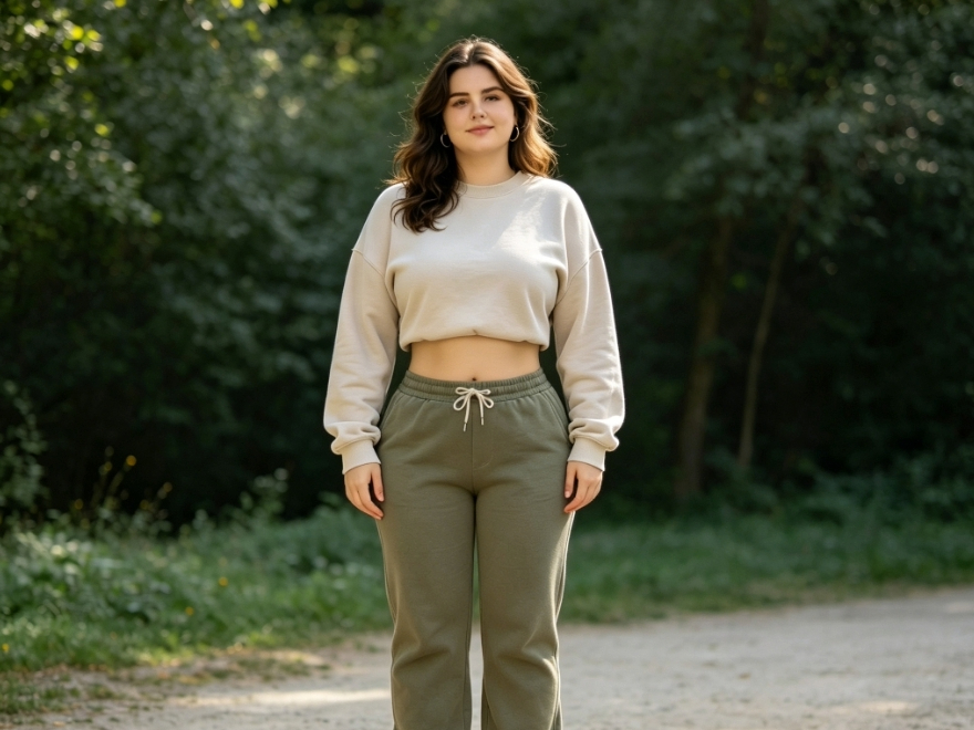 A full-body portrait of a young woman wearing a cream-colored cropped sweatshirt and olive green sweatpants. The image features visible AI-altered body contouring in the waist and abdomen area for a significantly tighter and slimmer appearance, with her hands resting at her sides, standing on a forest path.