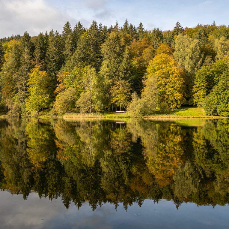AI water glare removal effect on European forest lake reflection photo, strong glare on lake surface eliminated, restoring reflection details and water texture, rich image layers with natural soft colors