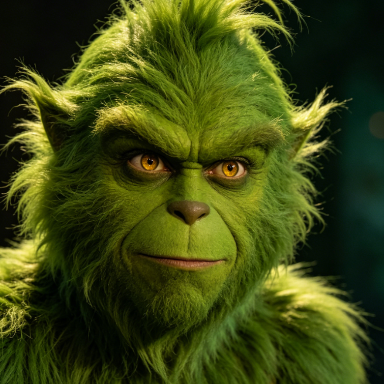 AI Grinch filter vintage fantasy effect, dark green fur texture with amber eyes, moody lighting background, magical European-style AI special effect portrait