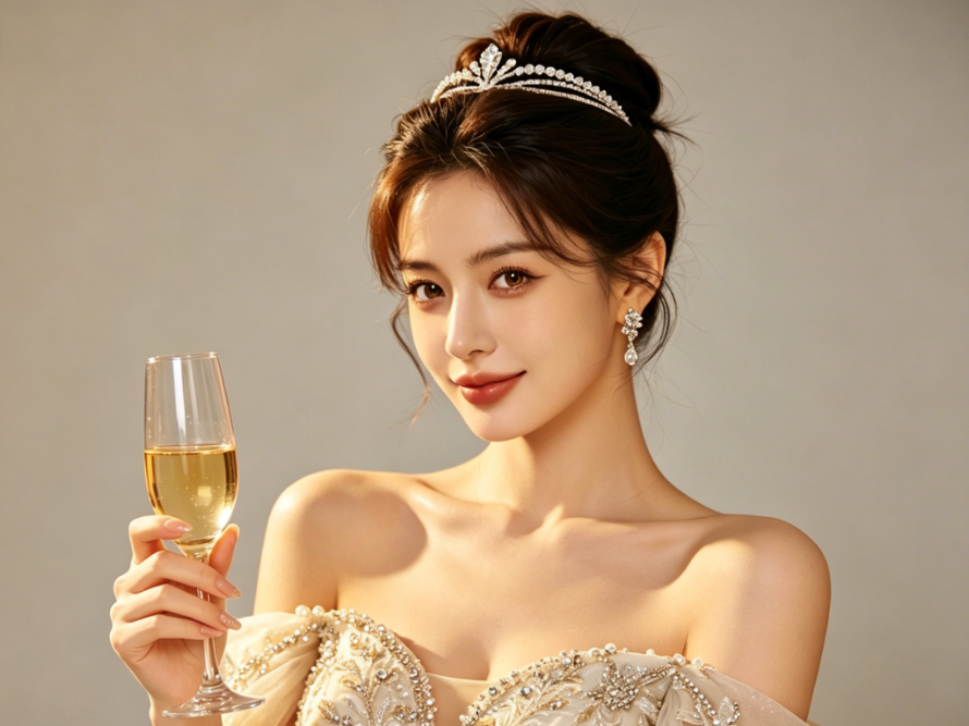 AI brown eye filter effect, retaining original facial features and gown, golden-brown eyes with elegant gaze, consistent luxury studio background