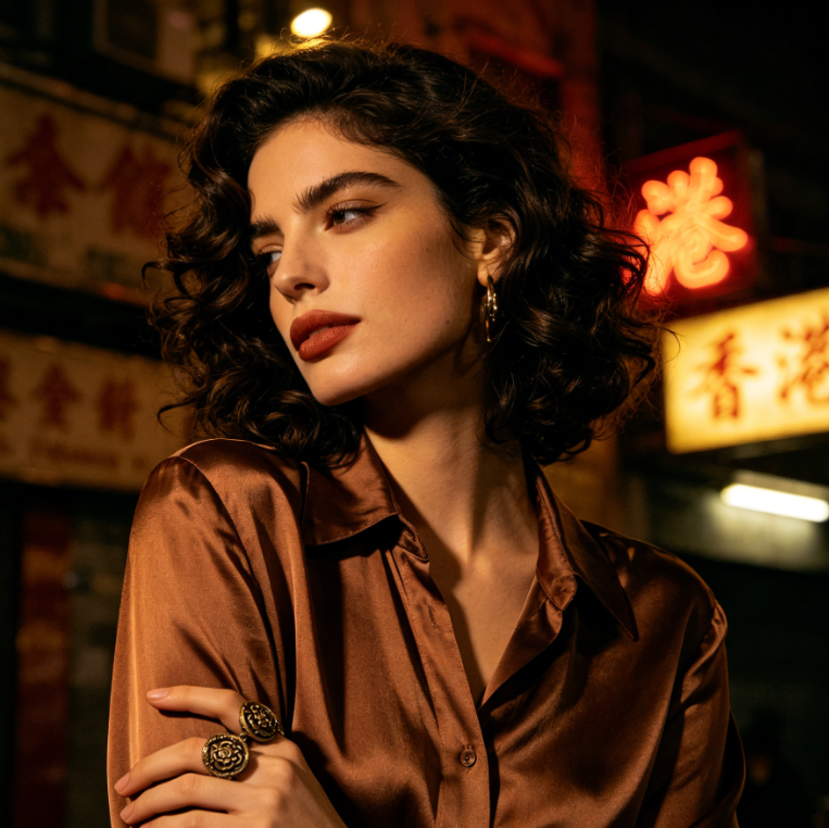 AI jewelry addition effect, retro-style European model portrait, unchanged pose and outfit, aged bronze carved rings on fingers, vintage metallic texture matching nostalgic mood