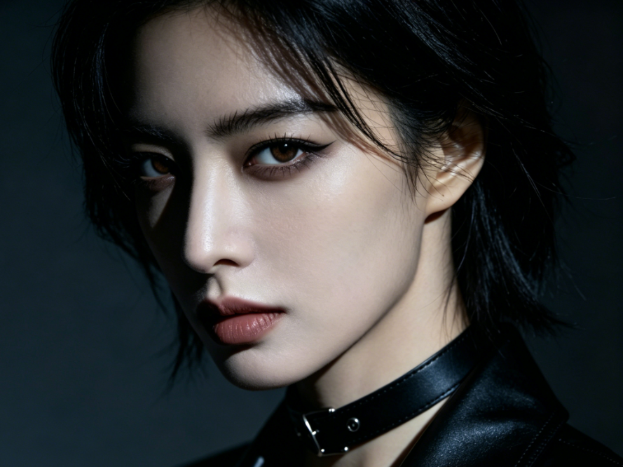 AI brown eye filter transformation, retaining original dark outfit and moody lighting, cool dark brown eyes with mysterious gaze, unchanged portrait style