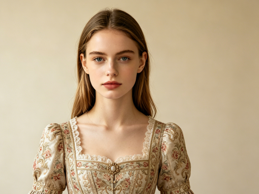 AI clothes changing effect, fixed face hairstyle and background, retro court patterned long dress, elegant vintage atmosphere