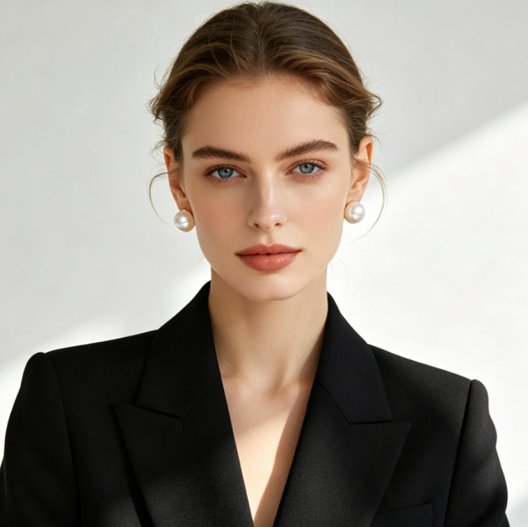 AI jewelry addition effect, studio portrait of elegant European woman, unchanged makeup and outfit, round white pearl stud earrings on both ears, soft texture matching intellectual temperament, natural lighting integration