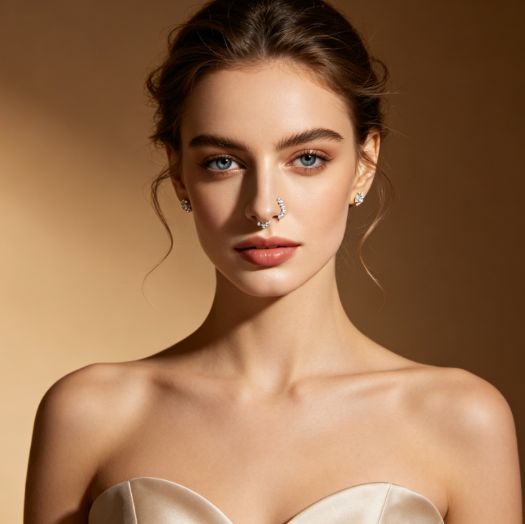 AI diamond nose jewelry effect, elegant European woman studio portrait in gown with full makeup, unchanged look, sparkling diamond nose piercing, premium texture matching warm studio light