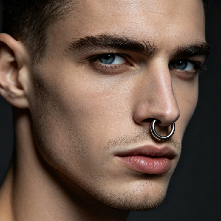 AI thick hoop nose ring effect, tough European male studio close-up, unchanged simple outfit, bold thick metal nose ring, preserved edgy style with dark minimalist backdrop
