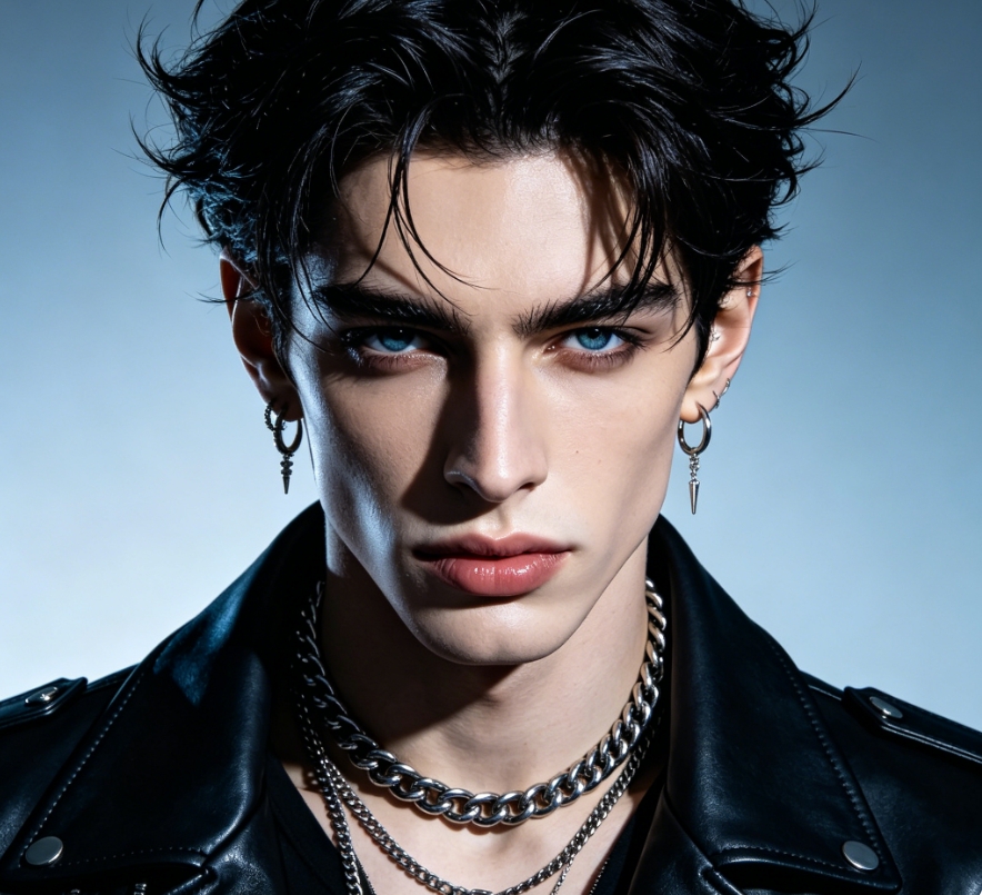 AI-generated portrait of a cool European-American man in a black leather jacket with silver jewelry, studio shot with gradient background, black textured hair and blue eyes, edgy streetwear style AI gender-swap character photo