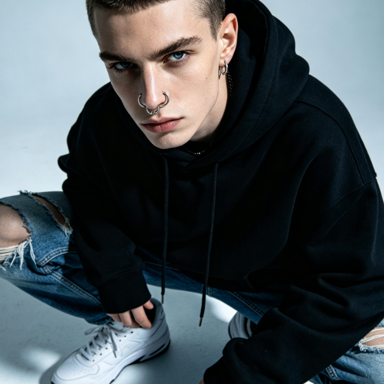 AI nose piercing filter effect, cool edgy European youth studio portrait, unchanged sharp features and streetwear, simple metal hoop nose ring on nostril, consistent cool studio lighting
