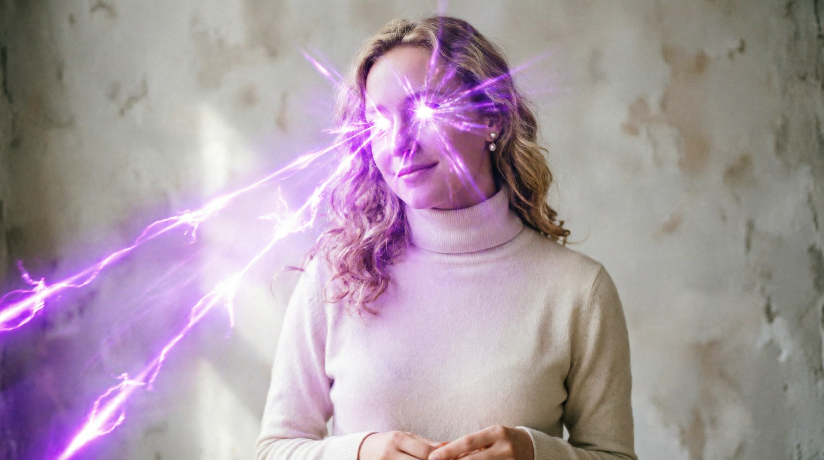 AI special effects processed image: Young woman with enchanting purple laser eye effects, intense light beams emanating from eyes, glowing translucent aura, mysterious and cool sci-fi style, purple energy beams added to original photo, visual effects editing