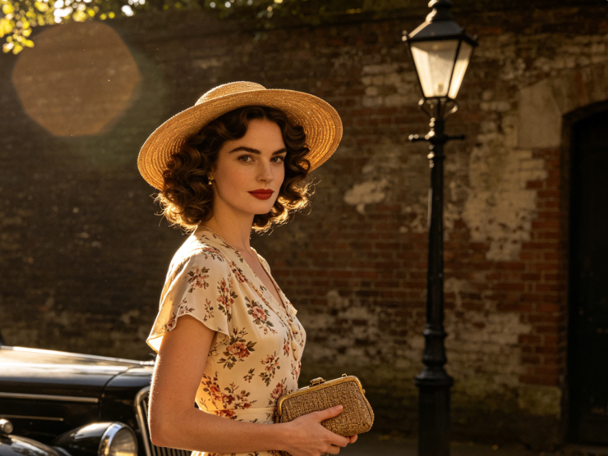Vintage film style studio portrait of European woman, retro curly hair and French outfit, dark nostalgic light, minimalist backdrop, original image for skin tone reshaping