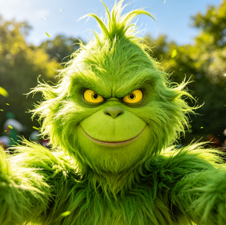 AI Grinch filter cute effect, light green furry skin with round yellow eyes, sunny outdoor background, kid-friendly Christmas style AI special effect portrait