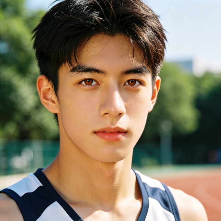AI eye color filter effect for an energetic outdoor sports young man, bright lively face with sportswear, vivid light brown eyes with vibrant gaze, bright sunlight and natural outdoor setting