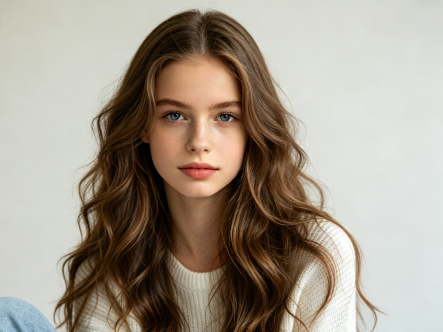 AI curly hair filter effect, unchanged facial features, makeup, pose and background, hair naturally transformed into lazy big waves, fluffy and layered hair texture, gentle and elegant temperament