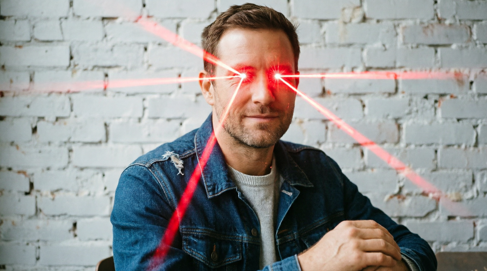 AI special effects processed image: Caucasian male with red laser eye effects, intense light beams emanating from eyes, fierce and powerful gaze, sci-fi style visual effects, cool laser beams added to original photo