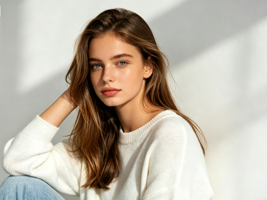 AI skin color changer effect, retaining the girl's pose, facial features and background, transformed into warm healthy wheat skin tone with smooth texture, unchanged lighting and scene