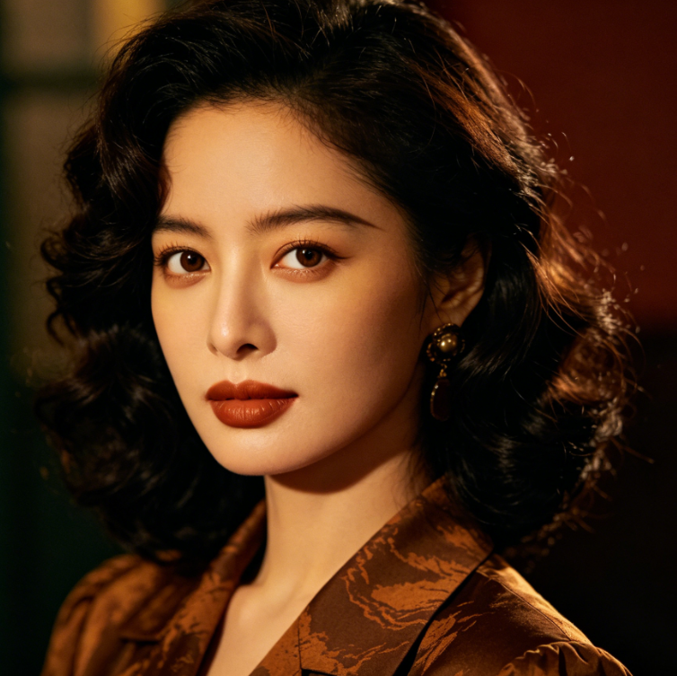 AI brown eye filter effect for a vintage Hong Kong-style portrait, retro curly hair with classic outfit, caramel brown eyes with nostalgic charm, film-like moody lighting