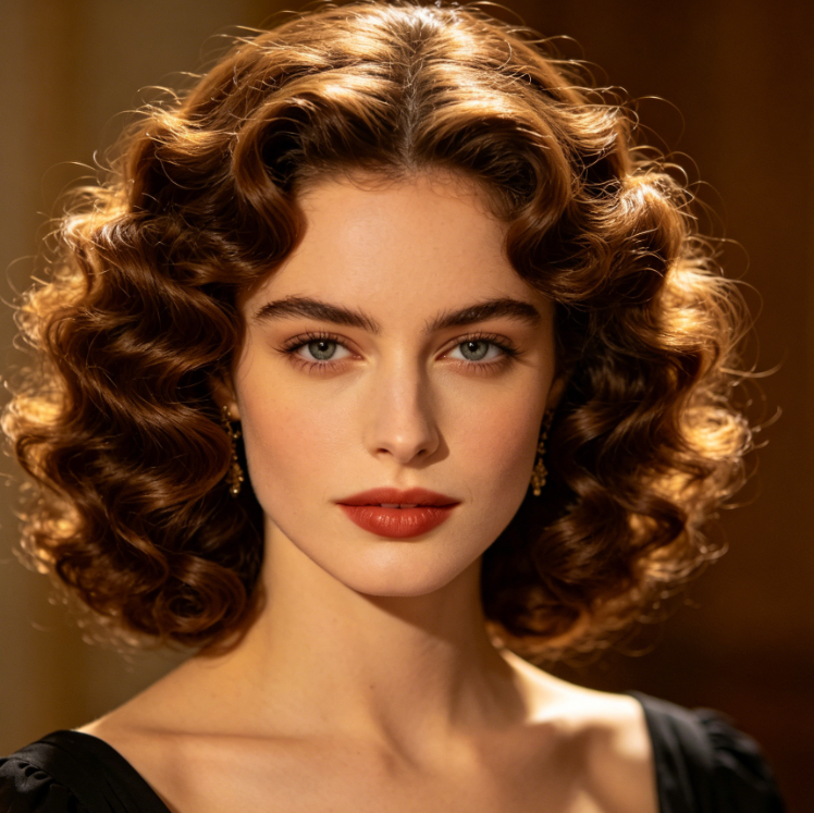 AI vintage short wave curl effect on European woman portrait, unchanged warm lighting and black dress, hair transformed into full-bodied vintage short waves with three-dimensional curls, elegant and luxurious texture