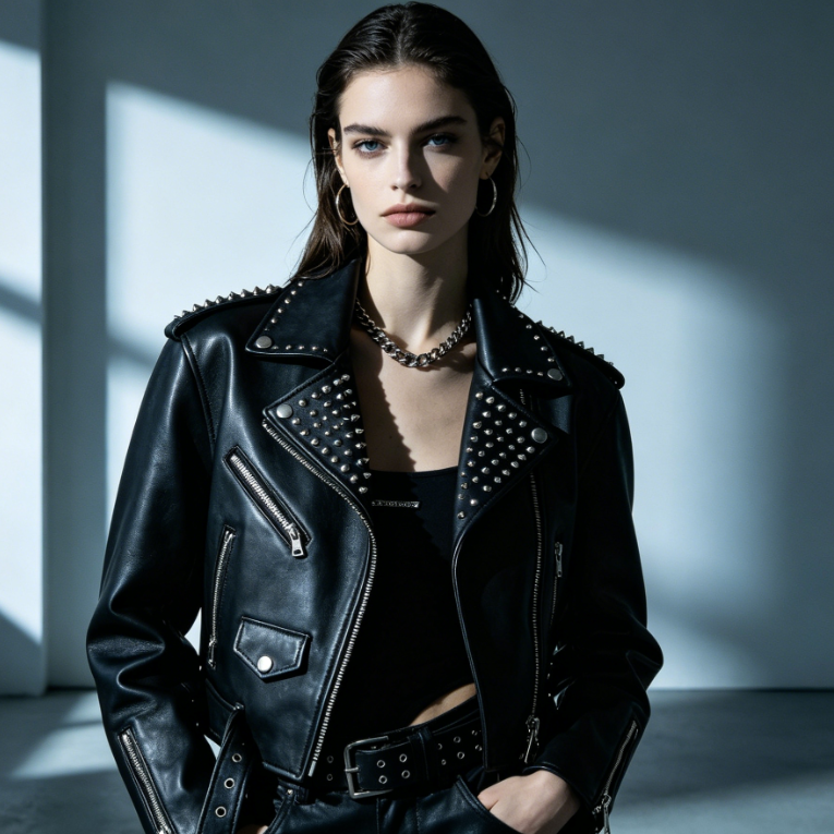 unchanged scene and character, cool punk leather jacket, tough silhouette and unique aura