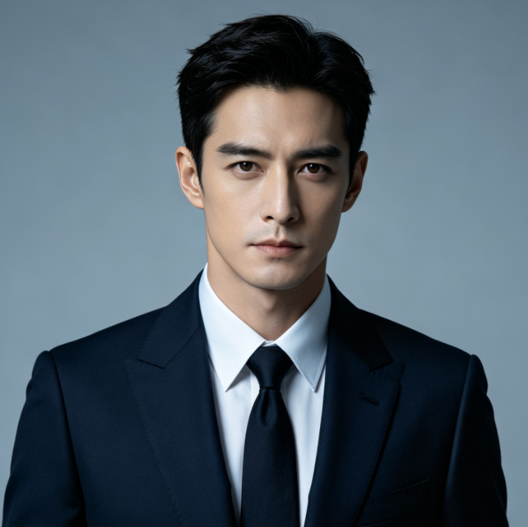 AI eye color change effect for a professional business man, neat short hair with formal suit, deep dark brown eyes with calm gaze, minimalist studio lighting and high-end portrait texture