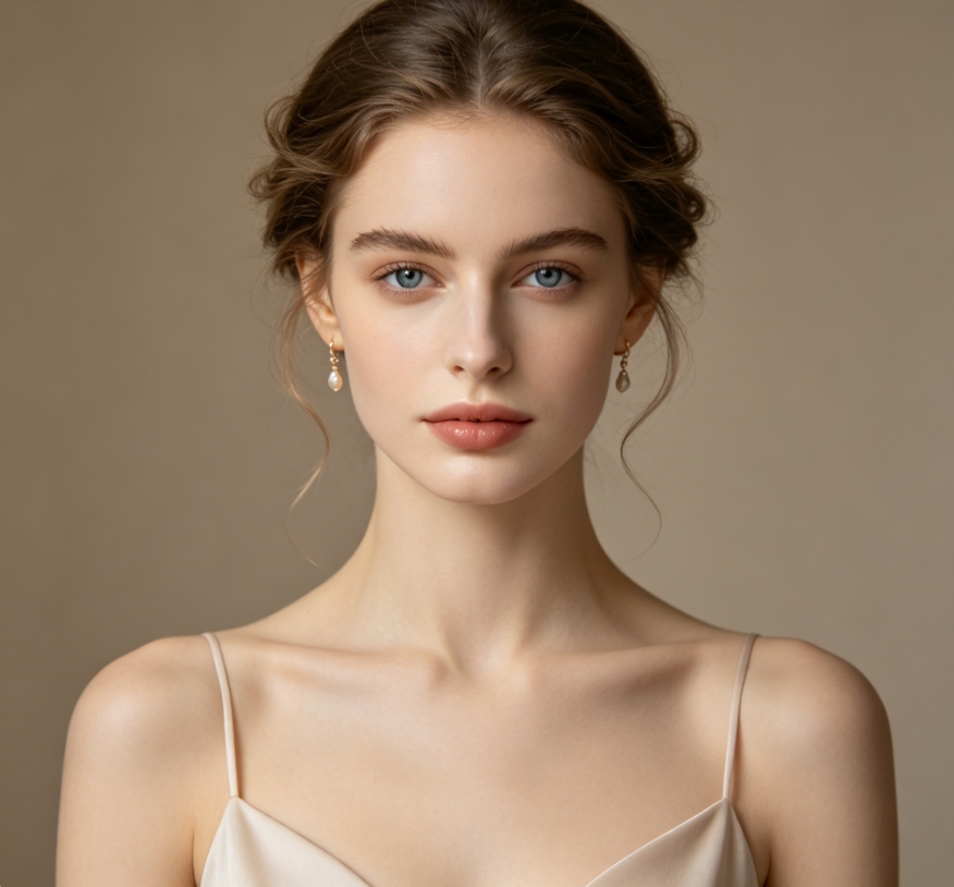 AI-generated portrait of an elegant European-American woman in a beige satin camisole dress, minimalist studio background, styled updo hair with pearl earrings and blue eyes, sophisticated high-fashion AI gender-swap character photo