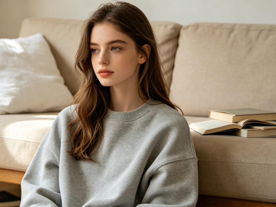 Half-body portrait of a European teen in a casual hoodie, simple home background, soft natural light, loose everyday outfit, original image for AI clothes changer tool