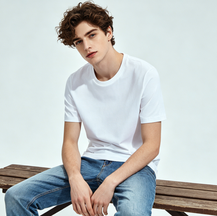 AI skin tone changing effect, European American youth studio portrait, unchanged appearance and outfit, fair cold white skin, simple studio background