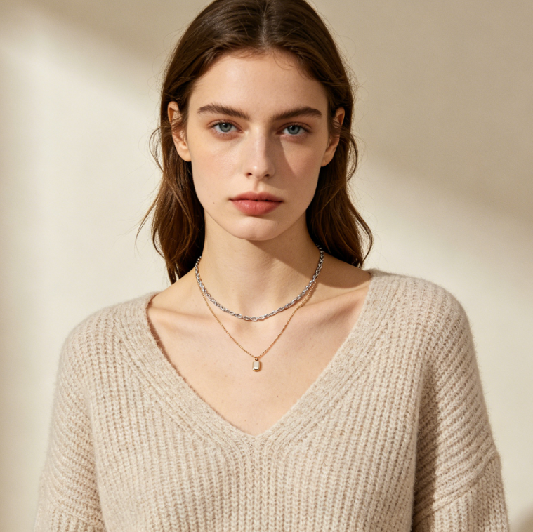 AI jewelry addition effect, gentle woman studio portrait, unchanged features and background, two delicate layered necklaces (silver chain + small pendant chain) on neck, soft metallic sheen, relaxed vibe preserved