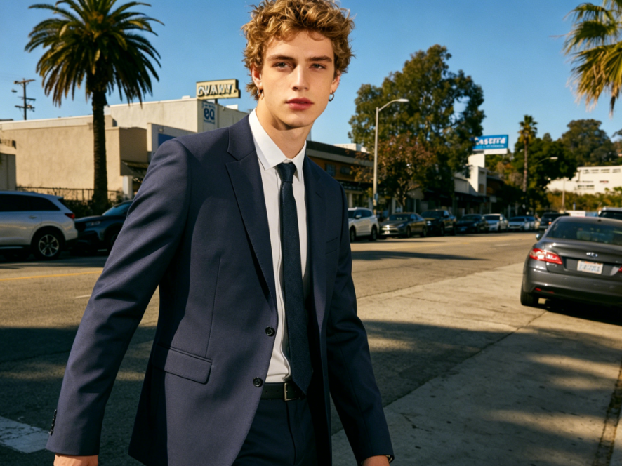 horizontal AI clothes changing result, unchanged appearance and posture, fitted business suit, formal and professional temperament