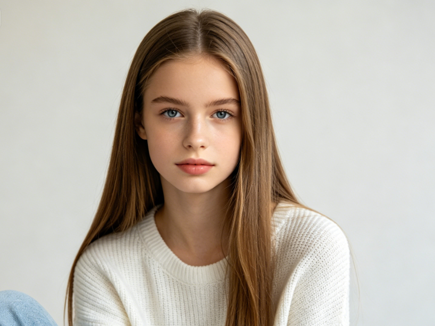 Half-body portrait of a pure European teen with straight hair, casual outfit, soft indoor light, solid light background, smooth straight hair, original image for AI curly hair filter