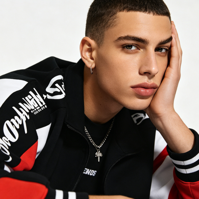 AI gradual skin tone effect, trendy European youth studio portrait, unchanged body shape and clothes, bright honey light skin, ultra simple studio background