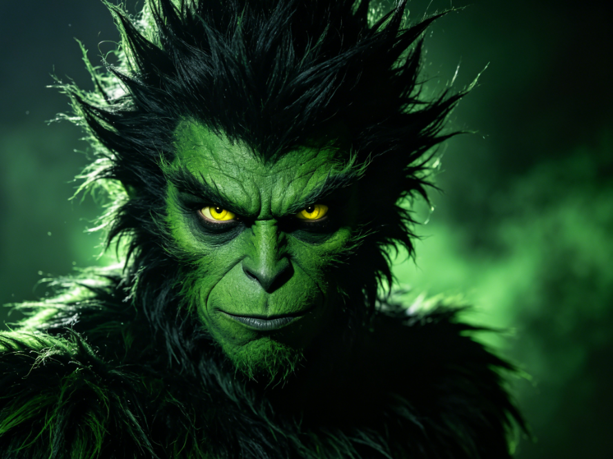 AI Grinch filter dark cool transformation effect, retaining original facial structure, dark green fur with sharp yellow eyes, edgy mysterious style portrait